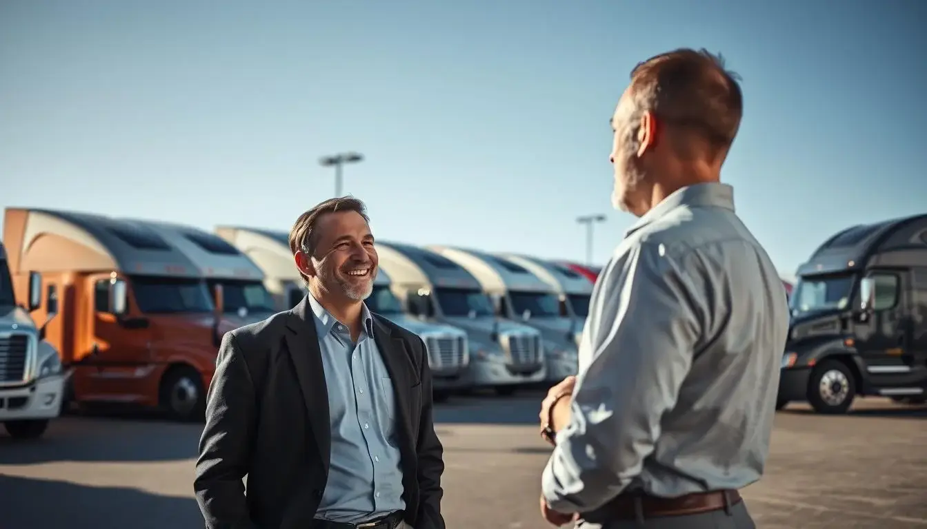 Commercial truck dealership lot showing rows of used semi trucks for sale