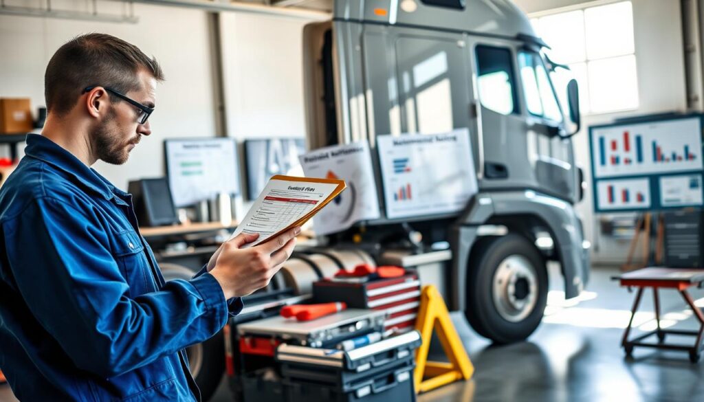 Fleet manager reviewing semi truck maintenance budget showing cost-per-mile calculations by vehicle age
