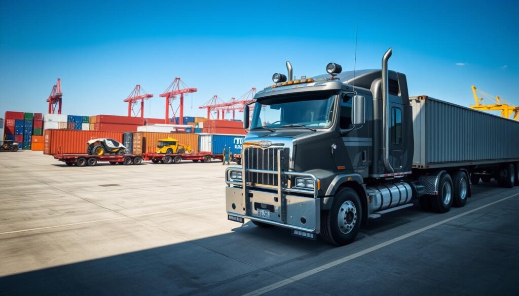 Commercial truck fleet showing various specialized equipment configurations for freight transport