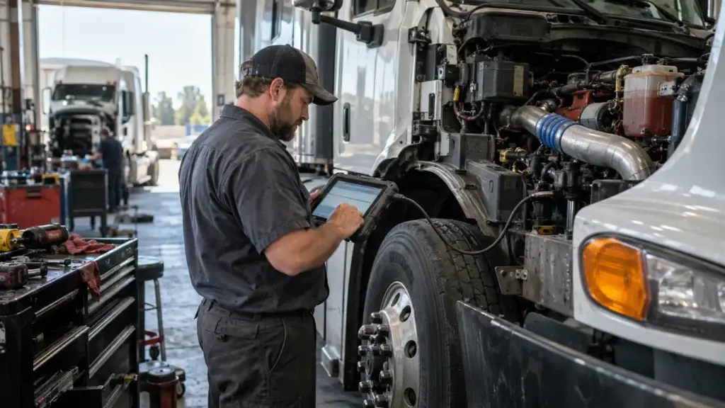 Diesel technician using a heavy-duty diagnostic scanner to read SPN and FMI fault codes from a Class 8 truck in a repair shop.