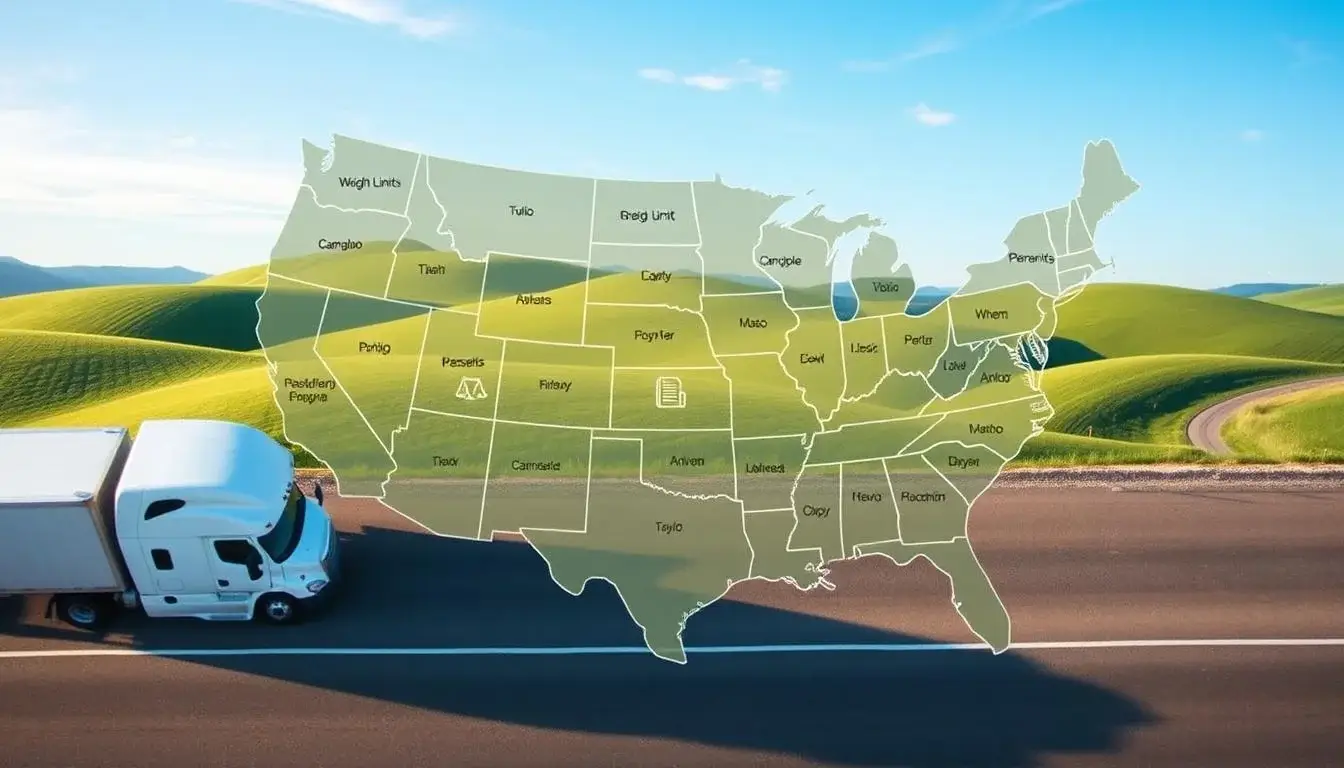 Fleet manager reviewing state trucking regulations compliance documentation for multi-state operations including permits, weight limits, and emissions requirements