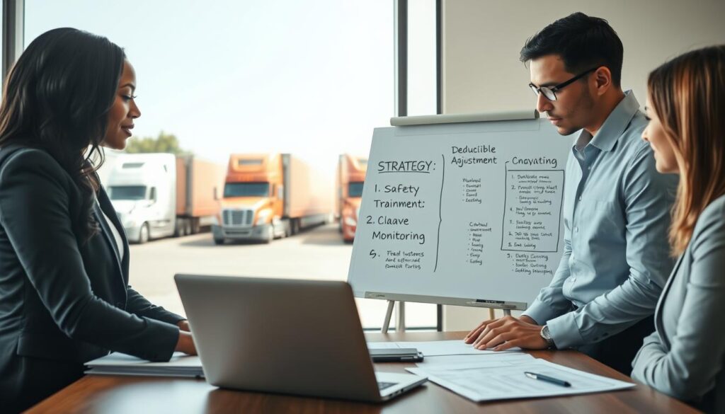 Owner operator reviewing insurance documents with agent to reduce premium costs