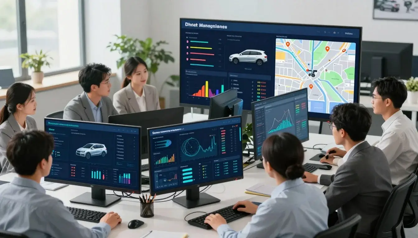 Fleet operations center with telematics dashboards displaying vehicle tracking and maintenance analytics