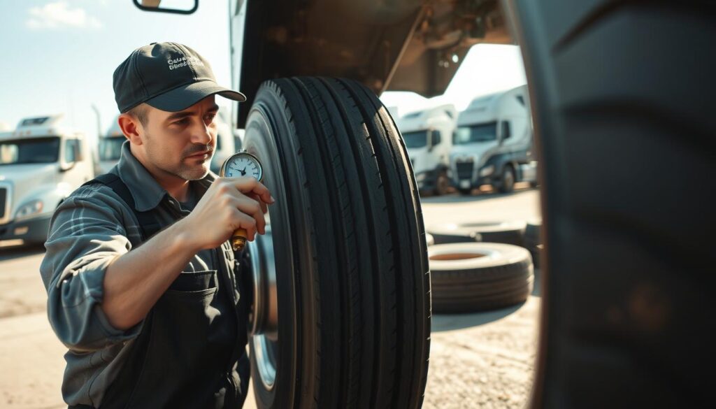 Diesel technician using calibrated gauge to check commercial truck tire pressure for optimal fuel efficiency