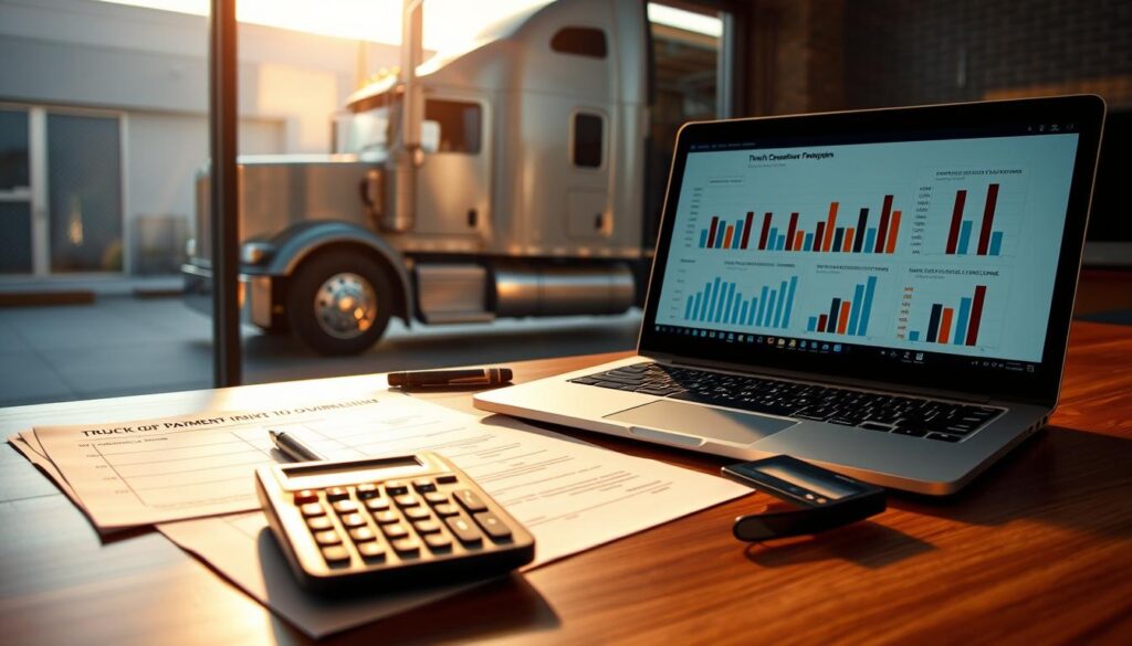 Owner operator calculating down payment requirements on calculator with truck financing documents