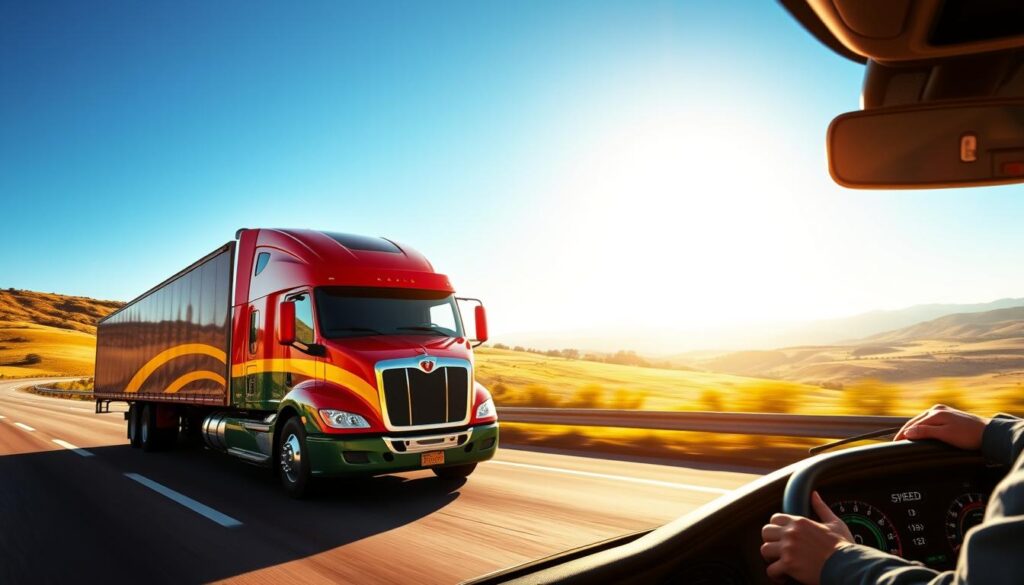 Class 8 semi truck maintaining steady highway speed on open interstate for optimal fuel efficiency
