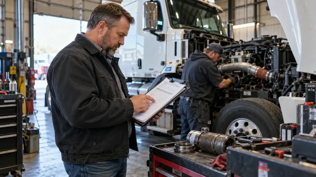 Fleet maintenance manager reviewing a truck repair estimate on a clipboard while a diesel technician services a semi-truck inside a commercial repair shop.