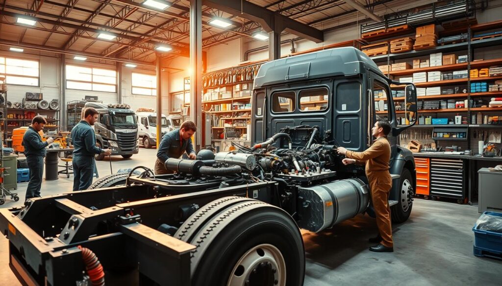 Diesel technician reviewing repair invoice showing labor and parts breakdown for commercial truck service