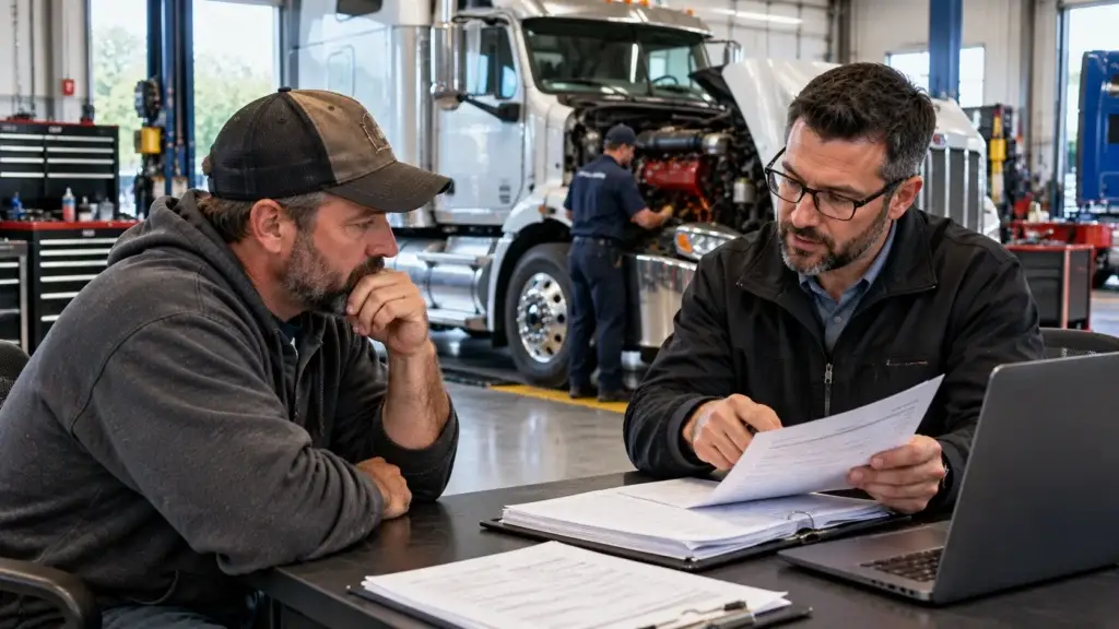 Owner-operator reviewing truck warranty claim documents with a service representative while a Class 8 semi truck undergoes engine repair in a commercial diesel shop.