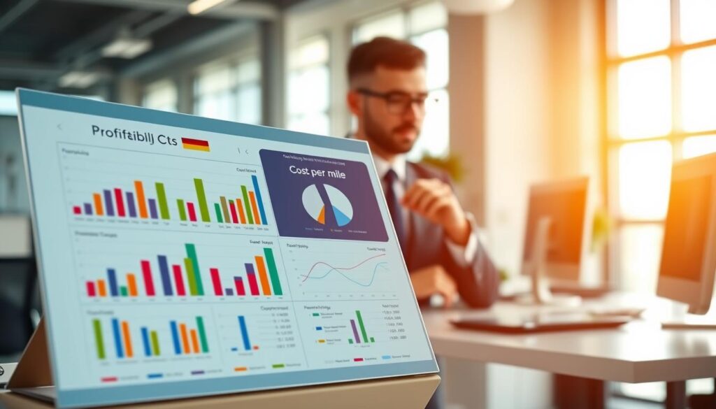Financial dashboard showing trucking cost per mile calculations and profitability metrics