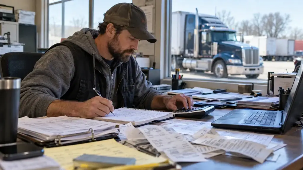 Owner-operator calculating trucking cost per mile using receipts, expense records, a calculator, and laptop in a fleet office with a Class 8 semi truck outside.