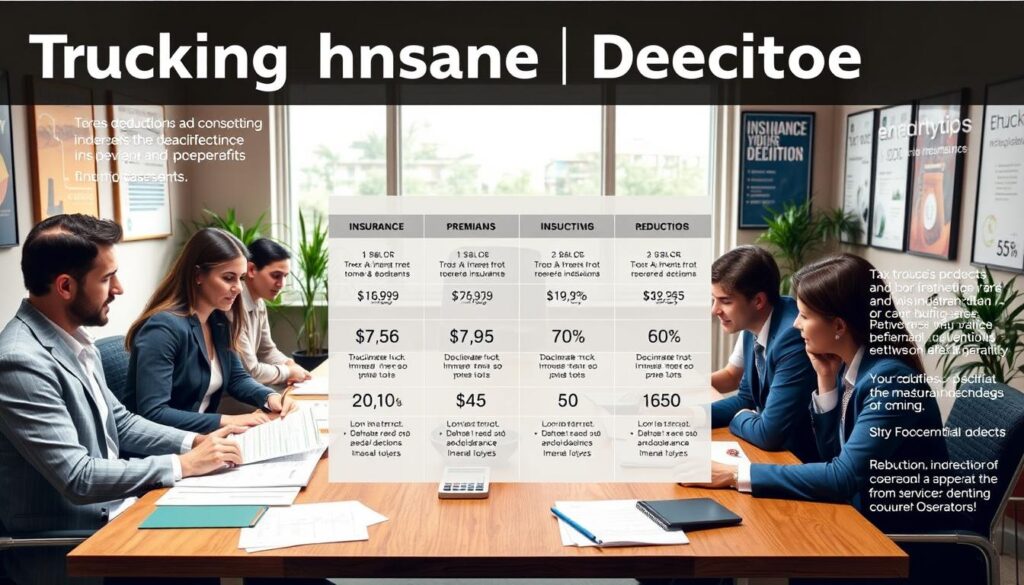 Insurance policy documents and commercial truck representing owner operator insurance premium deductions