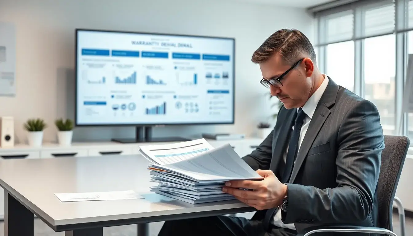 Fleet manager reviewing warranty denial letter and documentation for appeal process