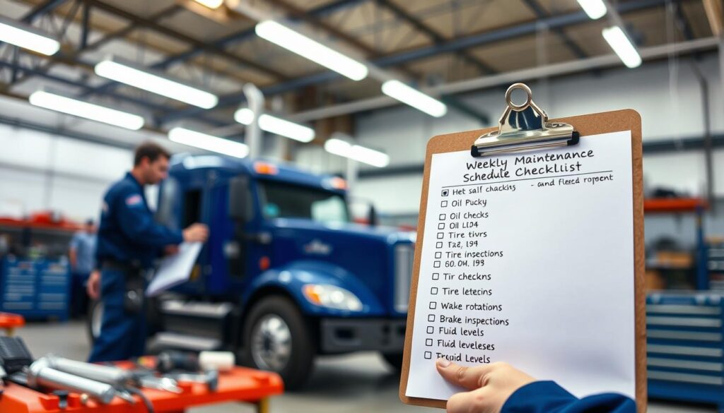 Technician performing weekly fleet maintenance tasks including battery and air filter inspection
