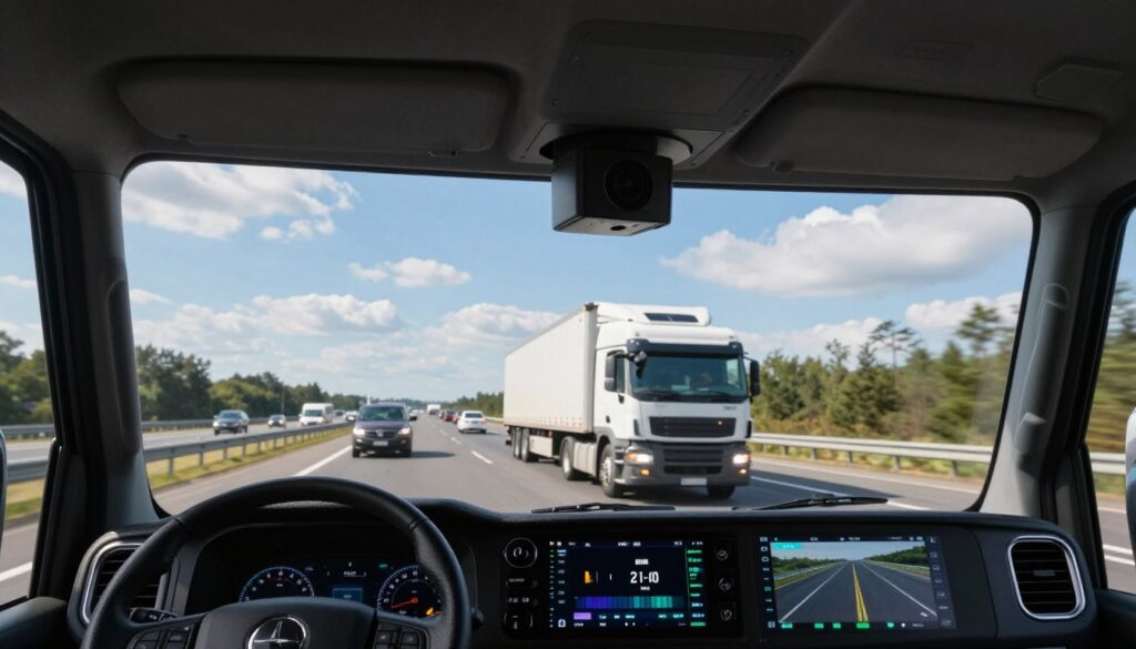 AI camera system dashboard showing real-time data processing and analysis in commercial trucking application