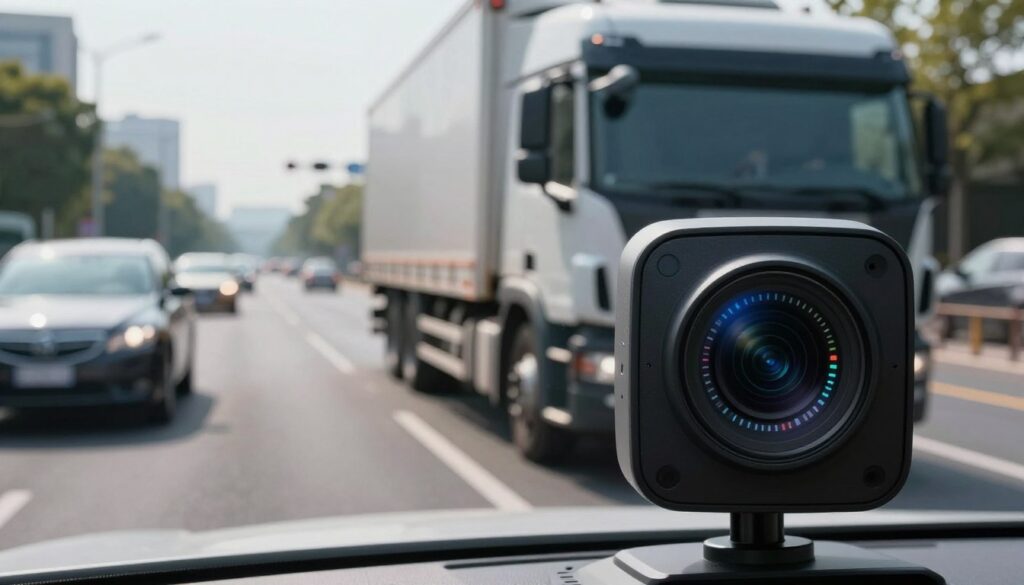AI dashcam forward collision warning system displaying alert to commercial truck driver