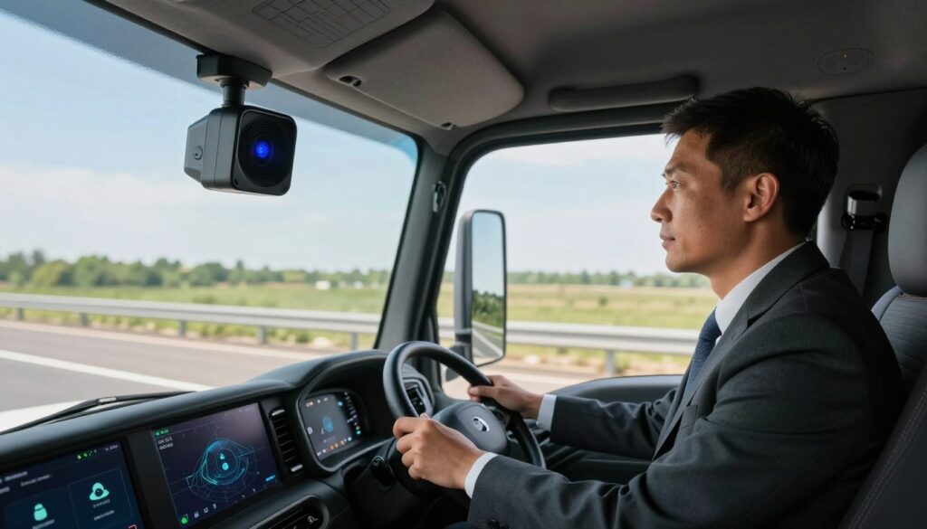 AI dashcam with driver monitoring system installed in commercial truck cab showing dual-camera setup