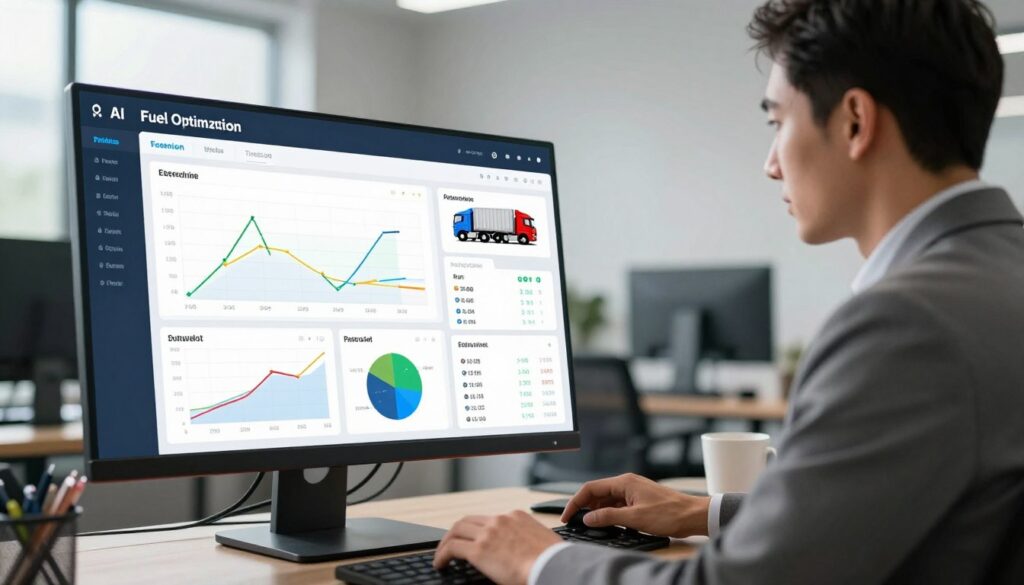 Fuel management software interface showing expense tracking, consumption analysis, and cost reduction opportunities for trucking operations