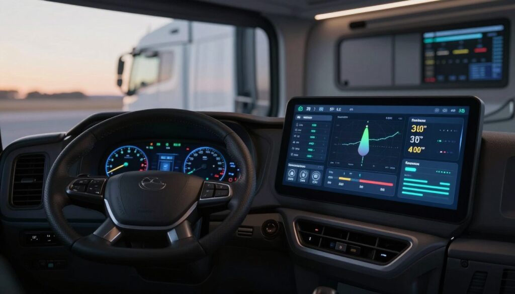 AI fleet management dashboard displaying route optimization and vehicle diagnostics for trucking operations