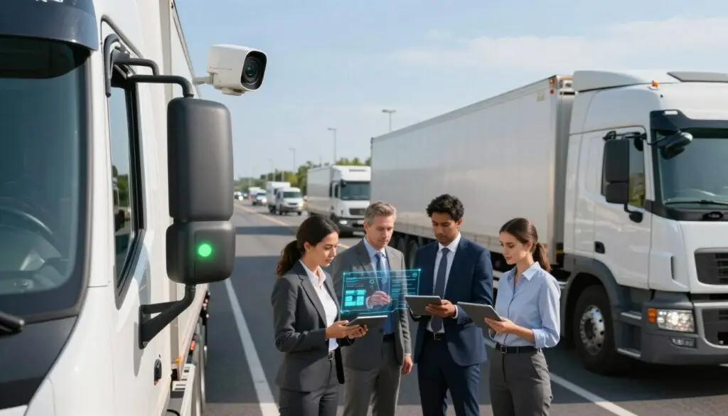 AI-powered computer vision camera system monitoring driver behavior and road conditions in truck cab