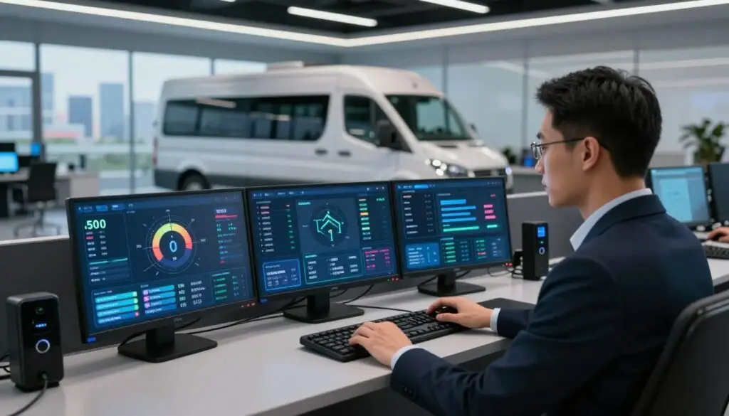 AI-powered driver safety monitoring dashboard displaying real-time fleet safety metrics and driver scores