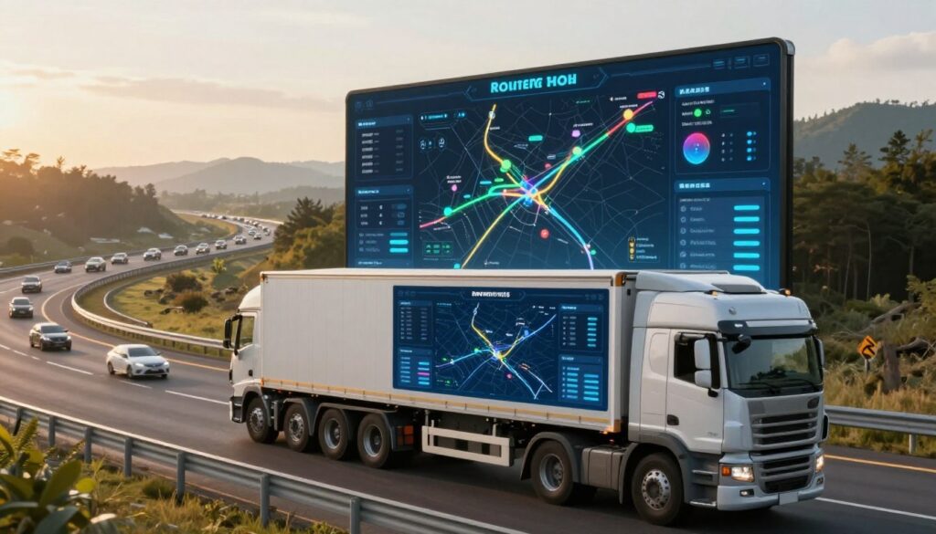 AI-powered route optimization display showing truck-specific navigation with traffic analysis and delivery scheduling