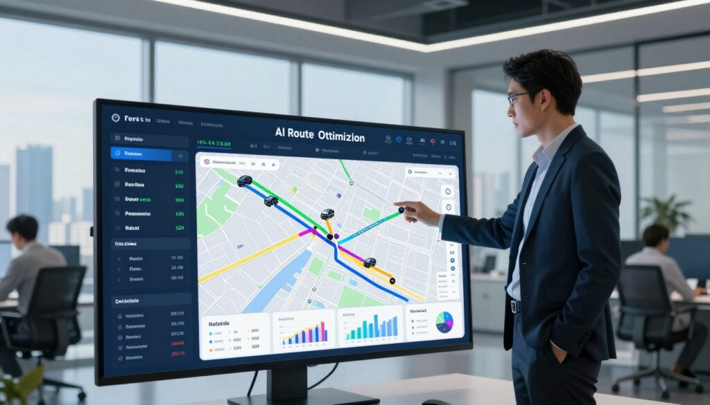 AI route optimization dashboard showing real-time fleet fuel management and dynamic routing