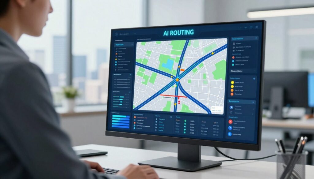 AI routing software interface showing real-time traffic predictions and route optimization