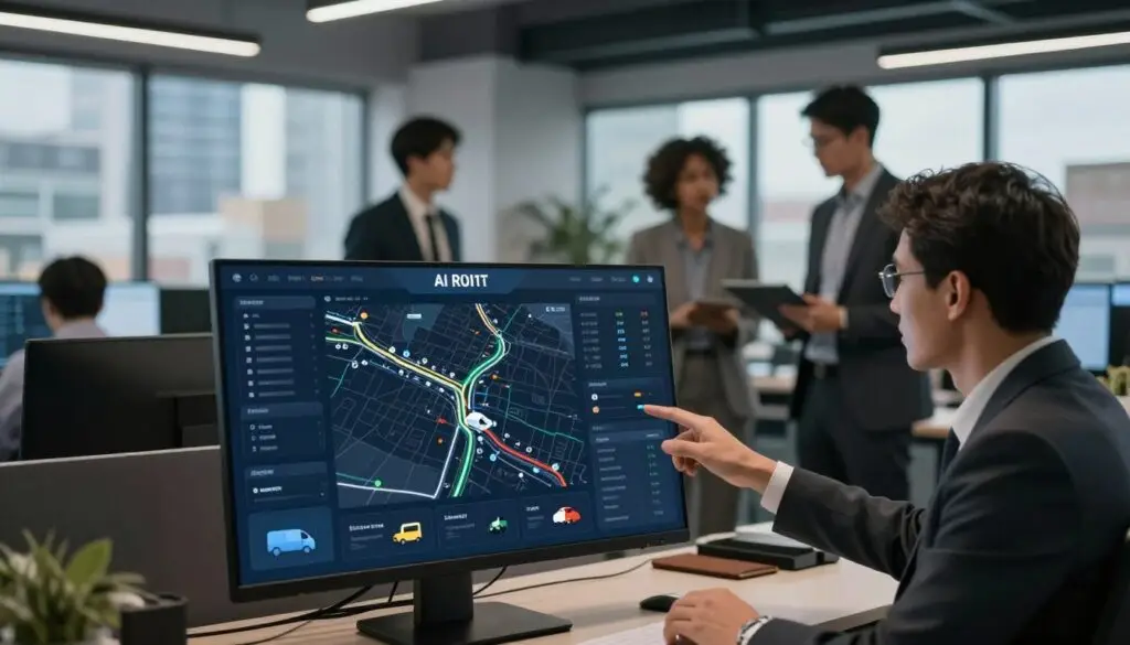 AI routing dashboard displaying real-time vehicle positions and optimized routes