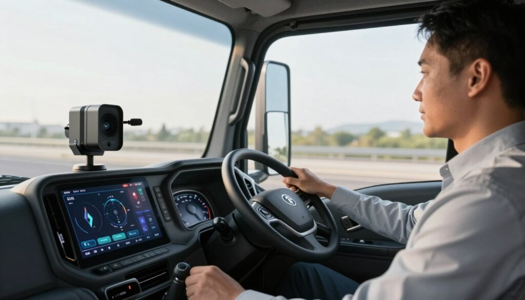 AI-powered dashcam safety system installed in truck cabin showing driver monitoring and road analysis capabilities