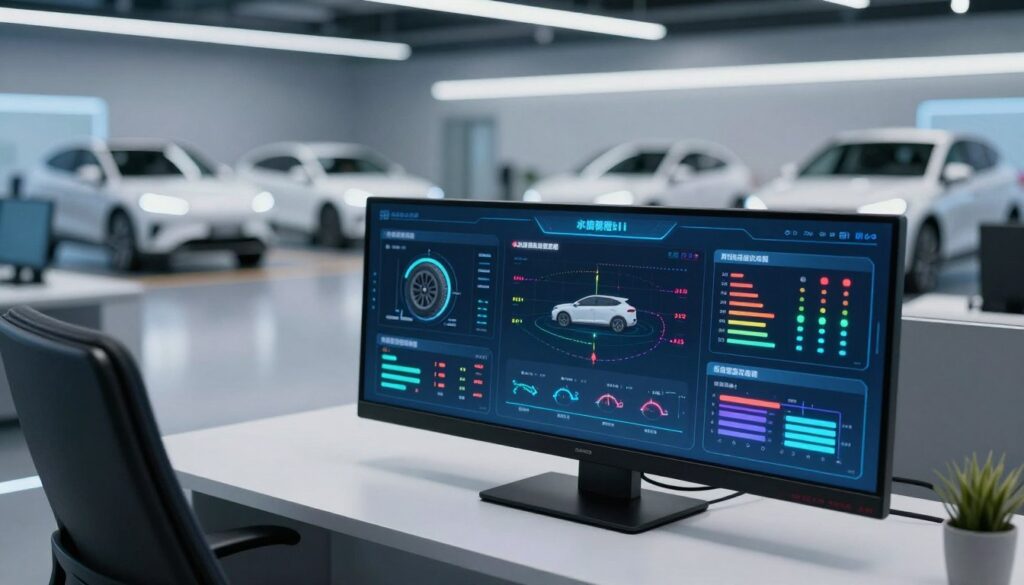 AI vehicle diagnostics dashboard displaying predictive maintenance alerts and component health status