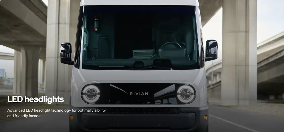 Rivian Commercial Van front view showing LED headlight design and aerodynamic body styling