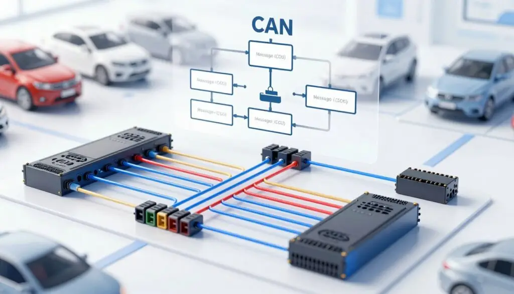 CAN bus architecture showing twisted pair wiring with differential signaling between electronic control units