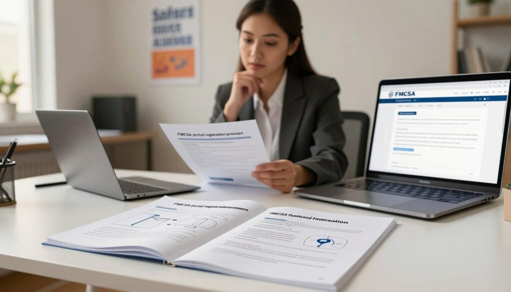 FMCSA portal registration process showing documentation and account setup steps