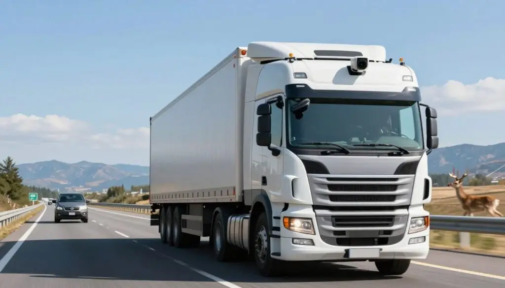 Forward collision warning system dashboard showing distance monitoring and brake warnings in semi truck