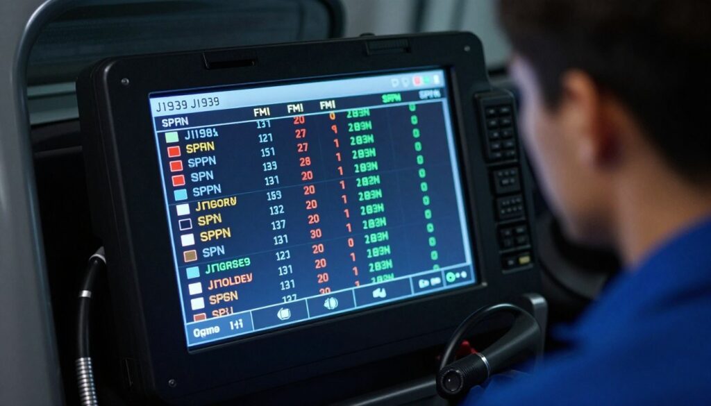 Diagnostic scan tool screen displaying J1939 fault codes with SPN numbers and FMI values for heavy-duty truck