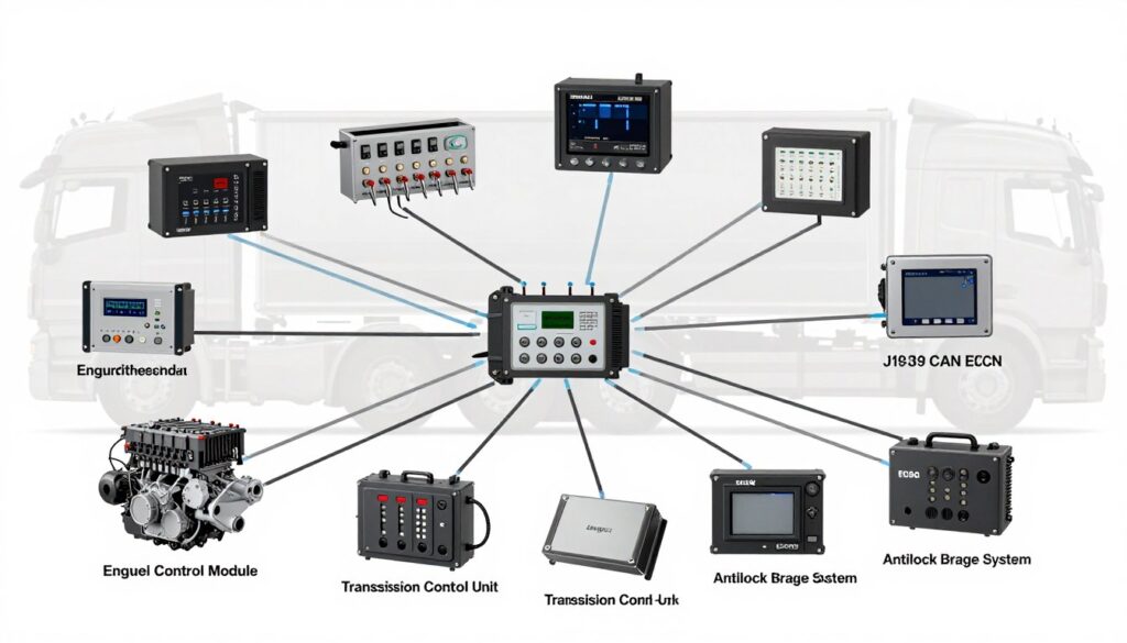 J1939 network architecture showing ECM, TCM, ABS, and instrument cluster connected via CAN bus backbone