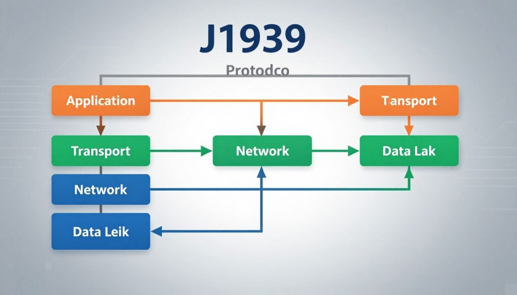 J1939 protocol stack showing six layers from physical through application layer for heavy-duty vehicle networks