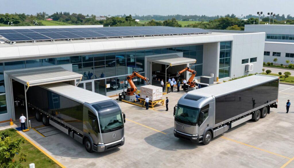 Transfer hub facility showing Level 4 autonomous trucks exchanging cargo with conventional trucks