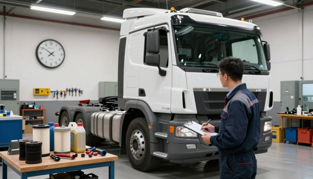 Diesel technician performing PM service level inspection on heavy duty truck