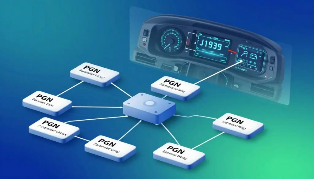 PGN structure showing reserved bit, data page, PDU format, and PDU specific fields in J1939 protocol