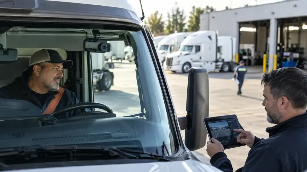 Fleet safety manager reviewing AI dashcam and telematics data with a commercial truck driver at a trucking facility.