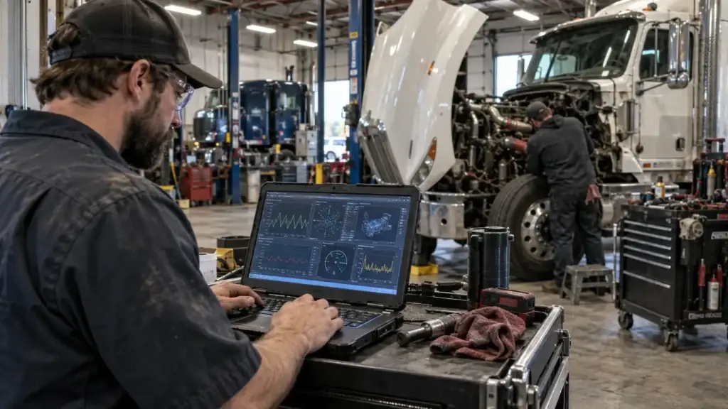 Diesel technician using AI-powered diagnostic software to analyze engine data while another technician services a heavy-duty truck in a repair shop.