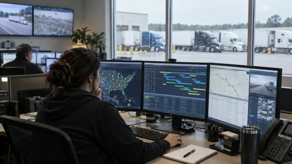 Fleet dispatch operator using AI trucking dispatch software and route planning dashboards inside a commercial freight control center.