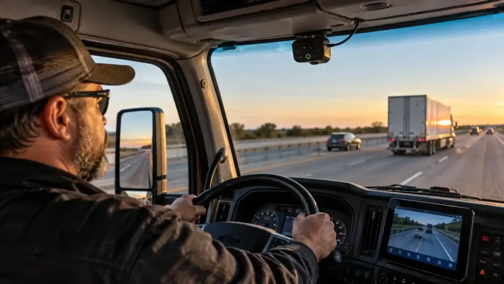 Commercial truck driver monitored by an AI safety camera and telematics system while driving on a highway.