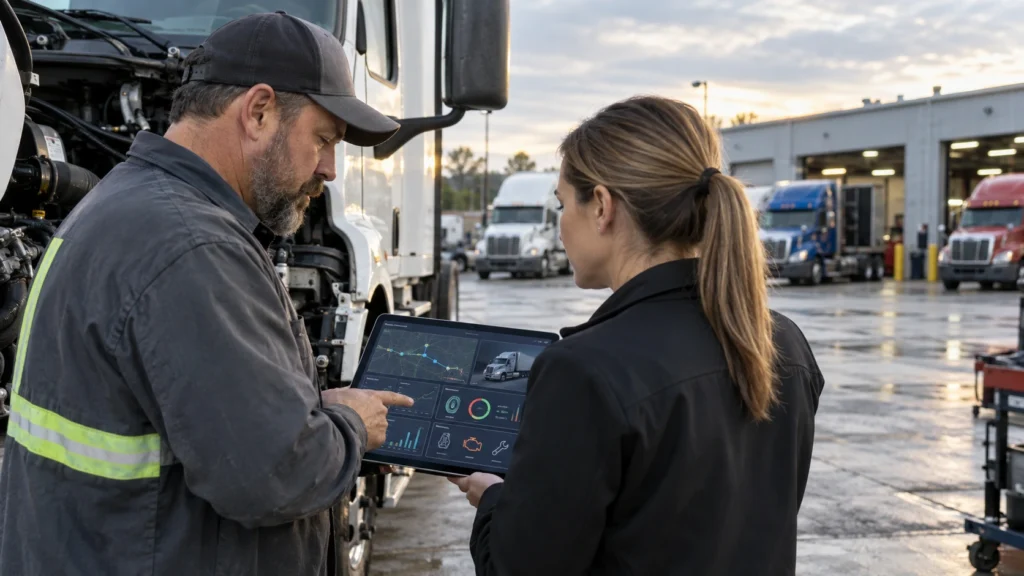 Fleet manager and diesel technician reviewing AI fleet management software analytics beside a Class 8 truck at a commercial fleet service facility.