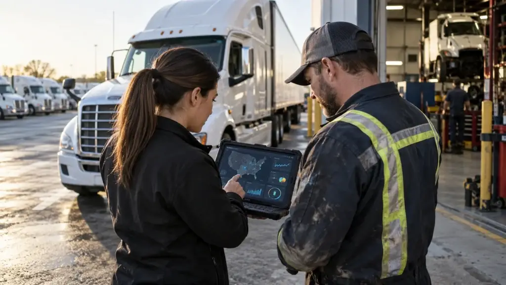 Fleet manager and diesel technician reviewing AI fleet management software analytics beside a Class 8 truck at a commercial fleet service facility.