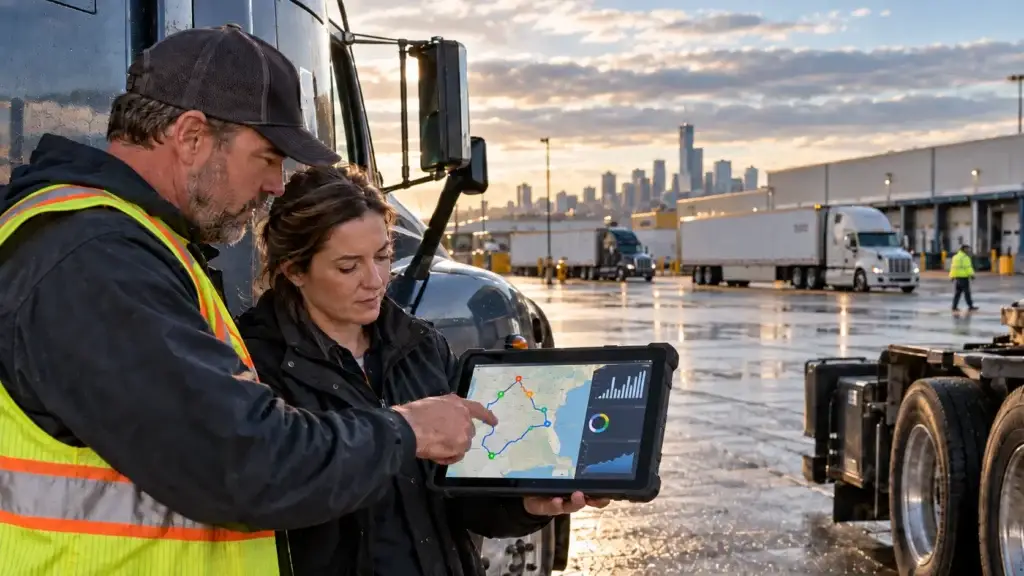 Fleet manager and truck driver reviewing AI route optimization data beside a Class 8 truck at a commercial logistics yard.