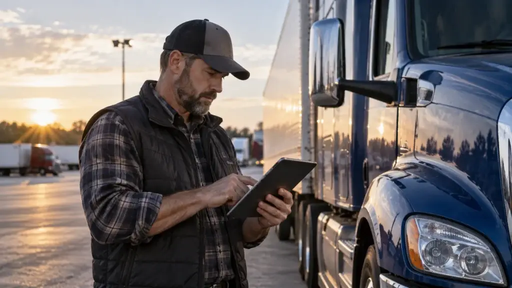Owner-operator using AI trucking tools on a tablet beside a Class 8 semi truck at a commercial truck stop.