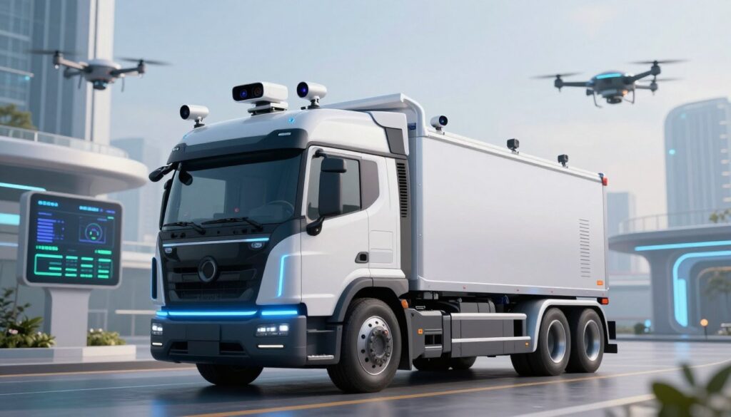 Detailed diagram showing autonomous truck sensor placement including LiDAR, radar, and camera positions